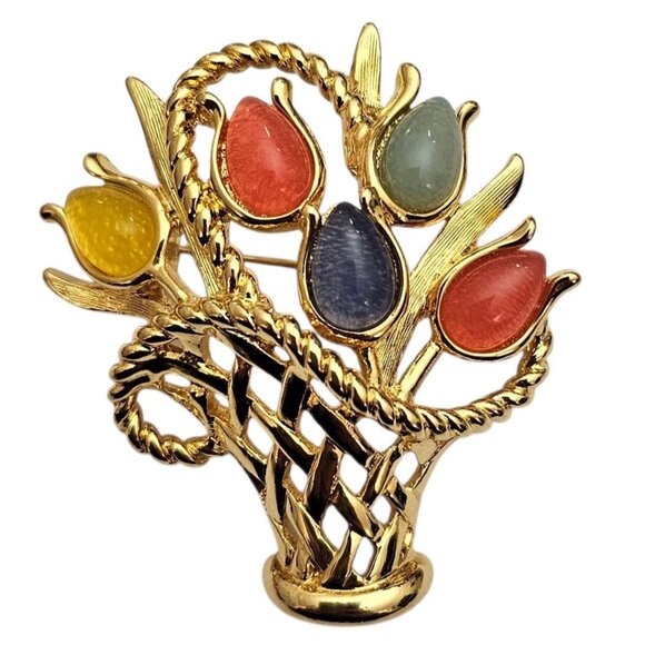 Trifari TM  Tulip Flower Basket Brooch Pink Yellow Blue Lucite Pin, Signed - Picture 7 of 7